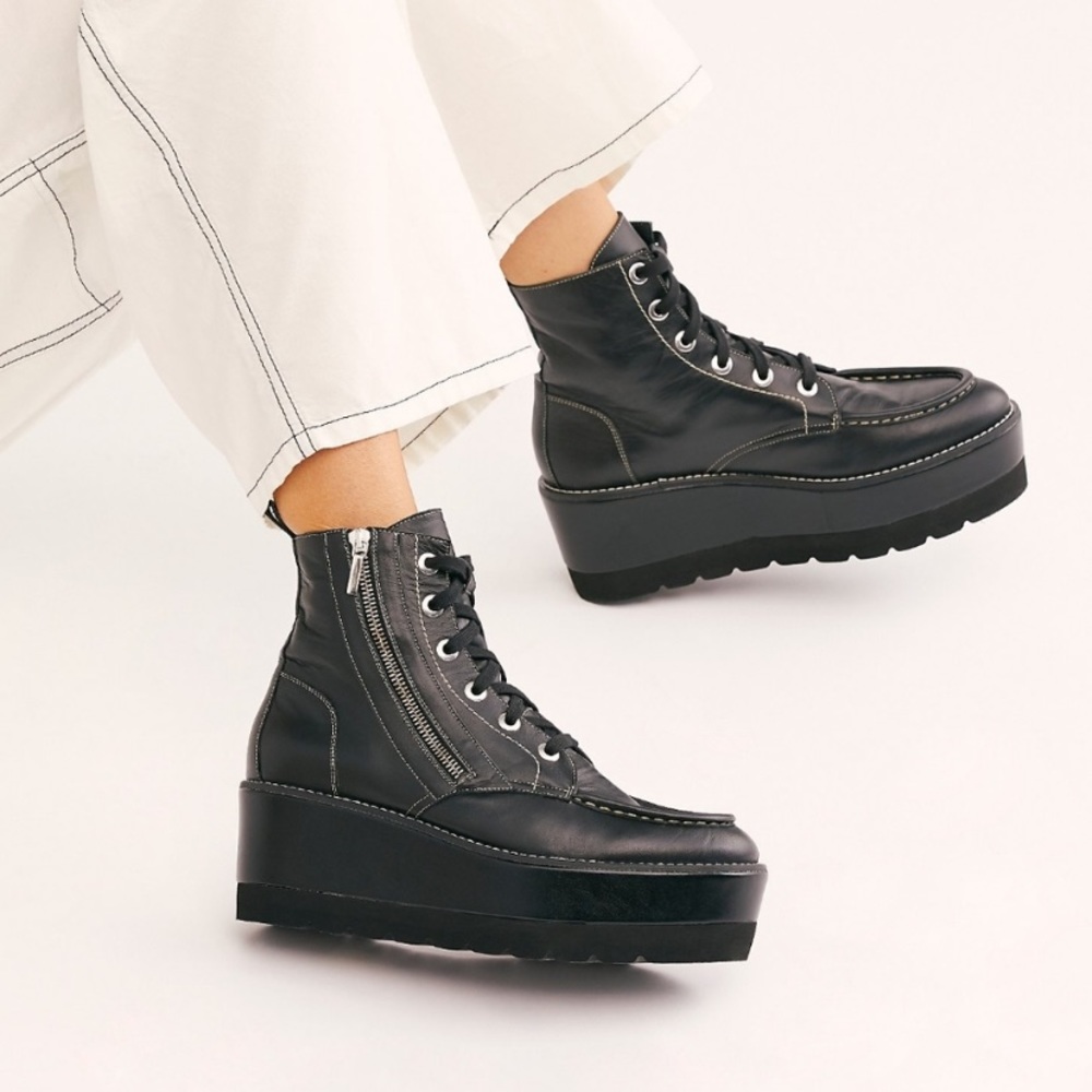 Free People Maverick Black Leather Wedge Boots NIB